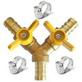 Uenede Brass 1/4 Inch 3-way Y-shaped Shut-off Ball Valve with 2-switch 1/4" Hose Barb Include 3 Stainless Steel Clamps Hose Pipe Barb Fitting for Water/Oil/Gas - size: 1/4"-1PCS