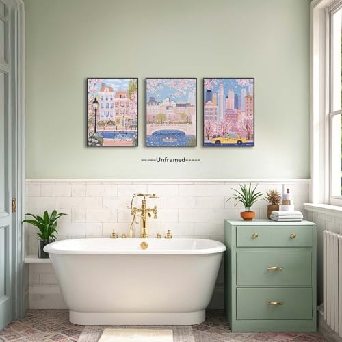 XLARTMY Watercolor City Landscape Travel Wall Art Canvas Framed Pink Cherry Flower Poster Girly Prints Painting Pictures Set of 3 for Bedroom Living Room Office 12x16in Unframed - color: Watercolor City PB, size: 12x16in Poster