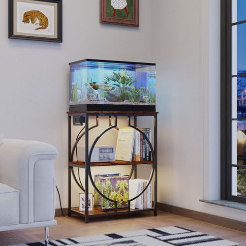 10 Gallon Aquarium Stand with Power Outlet, 3 Tier Heavy Duty Metal Fish Tank Stand with Storage, Fish Tank Table for Home Office, 21.3" x 11.8" x 29", Rustic Brown