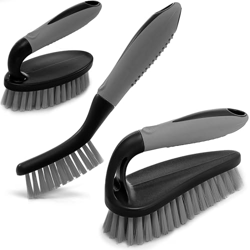 Scrub Brush Set of 3pcs - Cleaning Shower Scrubber with Ergonomic Handle and Durable Bristles - Grout Cleaner Brush - Scrub Brushes for Cleaning Bathroom/Shower/Tile/Kitchen/Floor/Bathtub/Carpet - color: Black, Set of 3