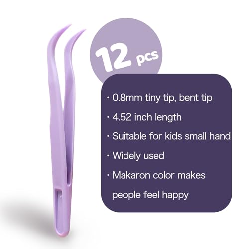 12 Pack Plastic Tweezers For Crafts Kids Long Bent 4.5 Inch Tweezers For Crafting DIY Bead Jewelry Making, Baking Decoration, Feeding reptiles, Disposable Stickers Tweezers Bulk - color: Purple