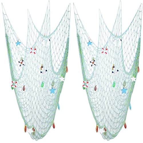 Nature Fish Net Wall Decoration with Shells, Ocean Themed Wall Hangings Fishing Net Party Decor for Pirate Party,Wedding,Photographing Decoration (2pack-Aqua/Aqua) - color: 2pack-aqua/Aqua