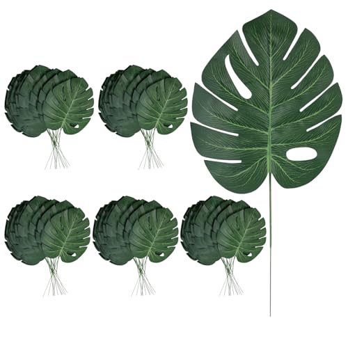 48 Pcs Artificial Monstera Leaves, 16" Faux Tropical Monstera Stems, Lifelike Fake Greenery for Wedding Decor, Jungle Party, Home Staging, Vase Fillers, No Maintenance