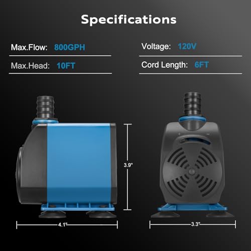 TONGCHANT Submersible Pump, 800GPH & 10ft Lift | 60W Adjustable Flow Fountain Pump for Small Pond Fish Tank & Aquarium, 3 Nozzles(1/2", 5/8" & 3/4"), Fish Safe & Ultra Quiet Operation, ETL Listed - size: 800GPH