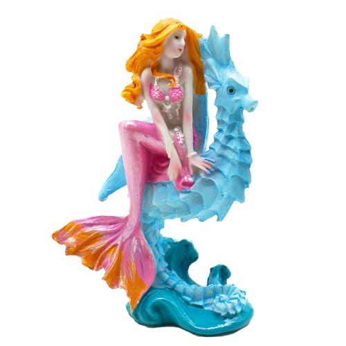 1Pcs Pink Mermaid with Seahorse Figurine Ornament Mediterranean Princess Statues Resin Aquarium Supplies for Garden Patio Fish Tank Home Office Desktop Bookshelf Craft Decors - color: Pink