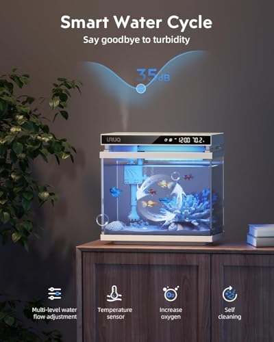 Fish Tank Smart Aquarium Kit: 2 Gal UHD Glass Silent Water Pump Self Cleaning System Temperature Monitoring Essential Oil Diffuser with Humidifier 7 Color Lights Multi-Layer Filtration System - White - color: White