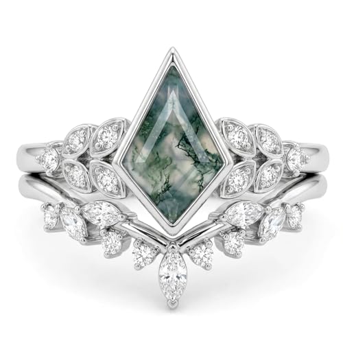 Natural Moss Agate Engagement Ring Set for Women, Unique Genuine Moss Agate Ring, 925 Sterling Silver 10K 14K 18K Solid Gold Nature Inspired Bridal Set, Boho Wedding Jewelry Gift - color: Four