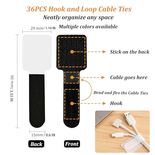 36PCS Cable Organizer Hook and Loop Cable Ties, Self Adhesive Hook and Loop Cable Straps Sticky-Back Cable Management Cord Organizer Cable Clip for Household & Office Essentials (Grey*36) - color: Grey*36