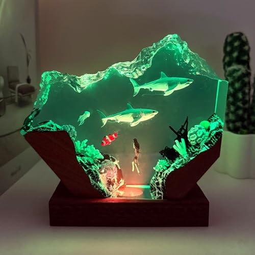 Scuba Diver Ocean Resin Lamp, Handmade Wooden Table Resin Night Light, USB Port Art Ornaments for Home Office Decor, Scuba Diver Gifts for Birthday Holiday, Valentine's Day Gifts for Husband - color: Scuba Diver-2, size: M