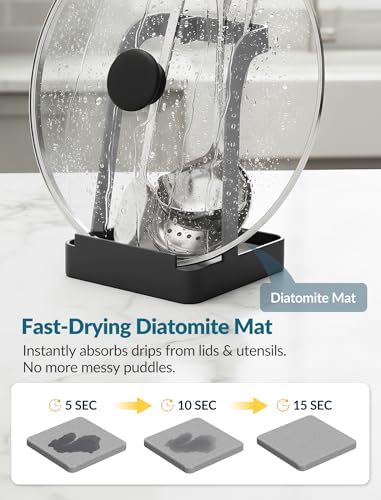 NiHome Upgraded Pot Lid and Spoon Rest with Diatomite Absorbent Tray & Silicone Anti-Slip Pad – Sturdy Metal Frame, Multifunctional Ladle Holder for Kitchen Countertop, 3.9"x3.9"x6" (Black) - color: Medium Black, size: with diatomite