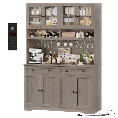HOSTACK 75.4" Tall Kitchen Pantry Cabinet with Charging Station, Modern White Kitchen Hutch with Microwave Stand and Wine Rack, Large Food Pantry Storage Cabinet with Glass Doors and Drawers, Ash Gray - color: Ash Gray