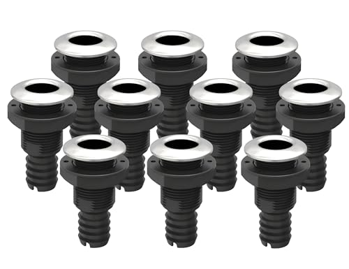 SEAFLO Thru Hulls Fitting Thru-Hull with Check Valve, 5/8”, 3/4”, 1”, 1-1/8”, 1-1/4”, 1-1/2”, or 2” Sizes, White/Black, Polypropylene/Nylon, 4-Year Warranty, (Choose Color, Size, and Pack Size) - color: Stainless-Steel Capped, size: 1-1/4", style: 10-pack