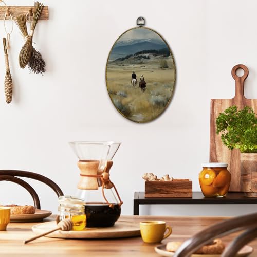 XFCICRLJ Vintage Western Room Cowboy Wall Art Decor, Rustic Western Oval Canvas Prints Framed, Cottagecore Country Landscape Cowboy Wall Art Decorations for Home Bedroom Living Room Decor, 11x8.5 Inch - color: West