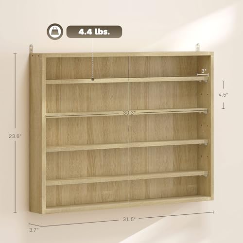 HOMCOM 5-Tier Display Cabinet, Glass Door Cabinet with Adjustable Shelves, Wall-Mounted Display Case for Playroom, Bedroom, Oak - color: Oak