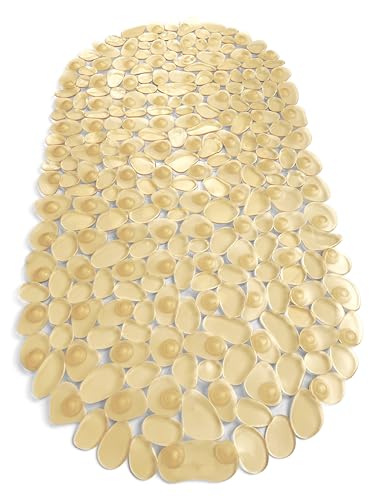“Pebbles” Non-Slip Bathtub & Shower Mat 27”x14” Oval - Non-Toxic - Safe, Clean, Machine-Washable, Superior Grip & Drainage, Vinyl, for Smooth Floors ONLY, Transparent Light Brown - color: Transparent Light Brown, size: 27" x 14" (Oval)
