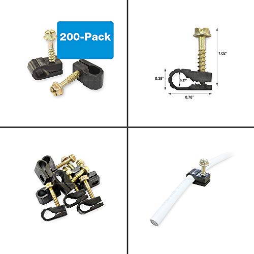 STEREN Coaxial Cable Clips - Cable Holder - Siding Clips for Hanging - Cord Holder for Desk - Cable Clamps - Cord Clip - Wire Organizer Clips - Tv Mount Screws (Black, 200 Count - Single Screw) - color: Black, size: 200 Count - Single Cable