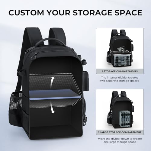 KastKing BaitSpace Fishing Tackle Backpack with Removable Bait Binder,2 Rod Holders Storage Fishing Gear and Equipment - color: E: Black（Without tackle box）