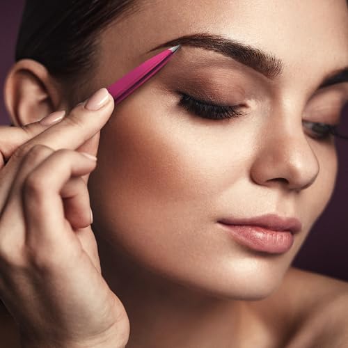 Pointed Tweezers | High Carbon Stainless Steel Needle Nose | Fine Point Precision Hair Removal | Perfectly Aligned & Hand-Filed Sharp | Pink - color: Pink