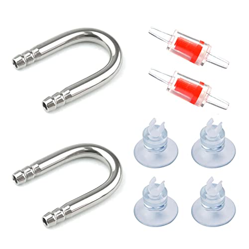 2 PCS Stainless Steel Fish Tank U Shape Pipe, 2 PCS Non-Return Check Valve, 4 PCS Suction Cup, for Aquarium Connecting Air Line