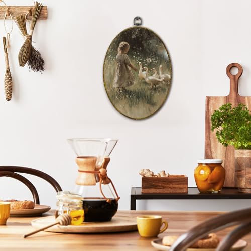 XFCICRLJ Vintage Farmhouse Wall Art Decor, Rustic Cottagecore Oval Canvas Prints Framed, Countryside Goose with Farm Girl Wall Art Decorations for Home Bedroom Living Room Decor, 11x8.5 Inch - color: Swan02