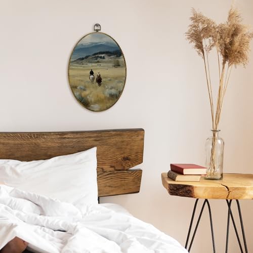 XFCICRLJ Vintage Western Room Cowboy Wall Art Decor, Rustic Western Oval Canvas Prints Framed, Cottagecore Country Landscape Cowboy Wall Art Decorations for Home Bedroom Living Room Decor, 11x8.5 Inch - color: West
