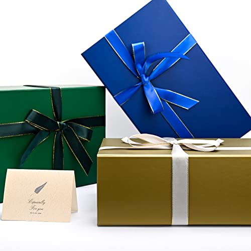 LIFELUM Empty Gift Boxes 1 Pack 13.85 x 8.35 x 4.45 inch Rectangle Collapsible Box with Magnetic Lid and Ribbon,Card,Shredded Paper Filler - color: Cyan Gold, size: 1 count (Pack of 1)