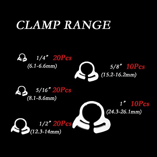 Quickun 1/4" 5/16" 1/2" 5/8" 1"Heavy Duty Double Snap Grip Nylon Hose Clamps Several Ratcheting Adjustable Clamp, 50 Packs - size: Kit-50pcs
