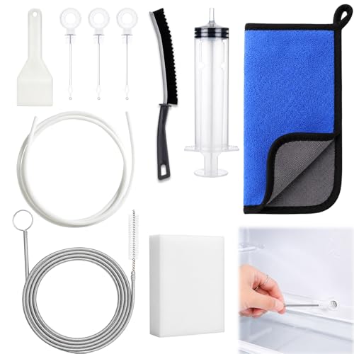 XANGNIER 10 Pcs Refrigerator Water Line Cleaning Kit,Refrigerator Drain Cleaner Tool–55.6 Inch Flexible Drain Brush,Syringe,Unclog Fridge&Ice Maker Cleaner Tools for Ice Dispenser,Sink,AC Drain Line - size: 10 pcs