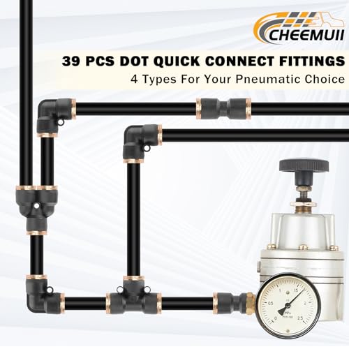 CheeMuii 39 PCS DOT Air Line Quick Connect Fittings 1/4" 3/8" 1/2" Push to Connect Fittings DOT Brass Air Hose Fittings Repair Kit for Semi Truck Air Line Kit or Industrial Air System - size: 39PCS