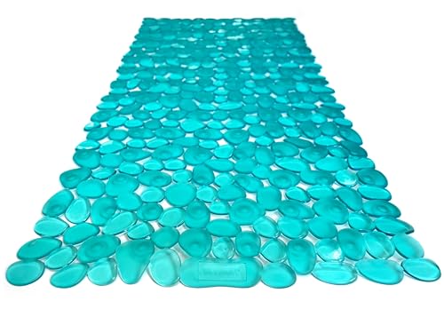 “Pebbles” Non-Slip Bathtub/Shower Mat 27.5”x14” Rectangular, Non-Toxic, Safe, Clean, Machine-Washable, Superior Grip & Drainage, Vinyl, for Smooth Floors ONLY, Transparent Turquoise - color: Transparent Turquoise (Green-blue), size: 27.5" x 14" (Rectangul