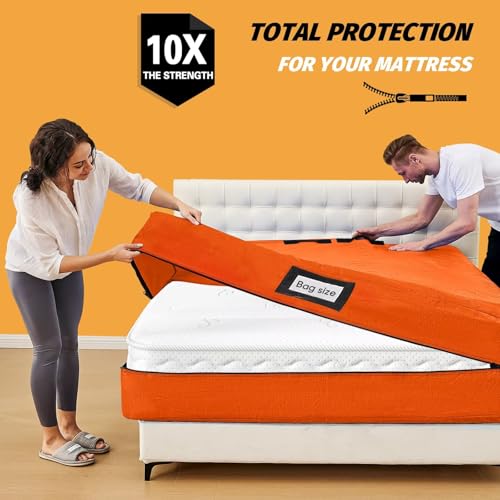 Mattress Bags for Moving, BETU Mattress Protector Waterproof Mattress Cover Queen Size Storage Bags with 8 Heavy-Duty Handles and Zipper for Bed Extra Thick Large Reusable (82"x62"x15" Orange) - color: Orange, size: Queen 1 Pack (82"x 62"x15")
