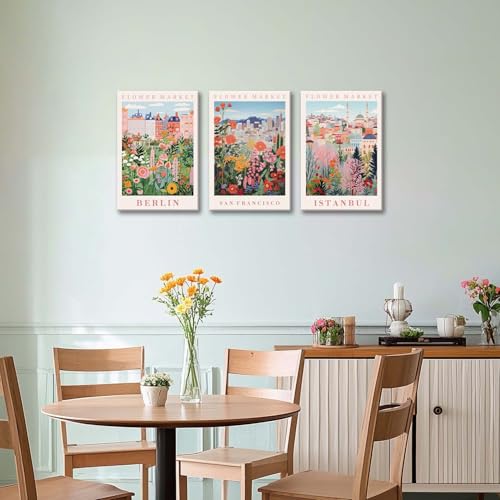 XLARTMY Flower Market Wall Art Prints Canvas Orange and Pink Floral Paintings Colorful Botanical Travel Flower Posters for Home Decor Pictures Set of 3 for Living Room Bedroom 16x24in Unframed - color: Flower Market ORange-2, size: 16x24in Canvas