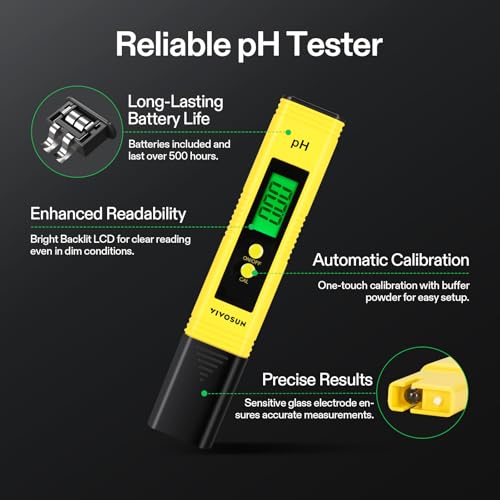 VIVOSUN Digital pH and TDS Meter Kits, 0.01pH High Accuracy Pen Type pH Meter ± 2% Readout Accuracy 3-in-1 TDS EC Temperature Meter for Hydroponics, Pool and Aquarium, Yellow Blue, UL Certified - color: Yellow+Blue