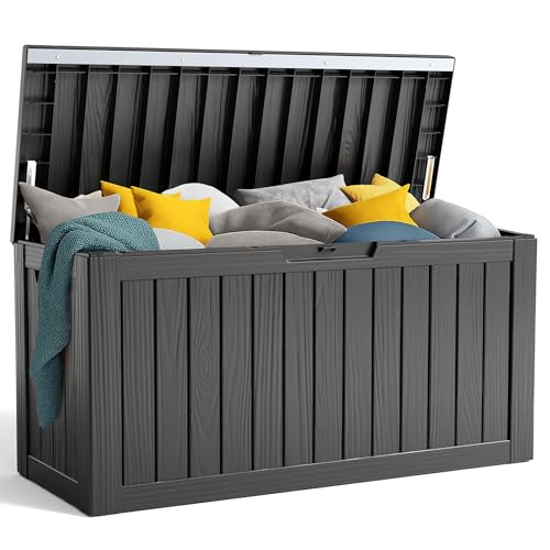 PatioZen 90 Gallon Resin Deck Box, Lockable Patio Outdoor Storage Box for Furniture, Garden Tools and Tools Storage, Waterproof Outside Storage Box - Black - color: Black, size: 90 Gallon