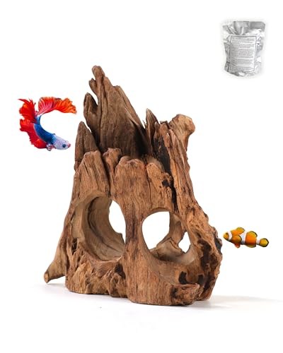 Aquarium Driftwood Cave for Betta Fish Shrimp Hideout, 7-10" Natural Porous Driftwood for Aquascaping with Low Tannins, Fish Tank Decoration Hideaway with Protein Cotton(No Need to Boil) - size: 7-10 INCHES