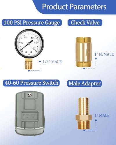 1"x 11"Well Pressure Tank Tee Kit with 40-60Psi Pressure Switch, Ball Valve, Pressure Gauge, Relief Valve, Drain Valve, Check Valve, Male Adapter, Well Tank Tee Kit for Tank with Diameters Up to 16"