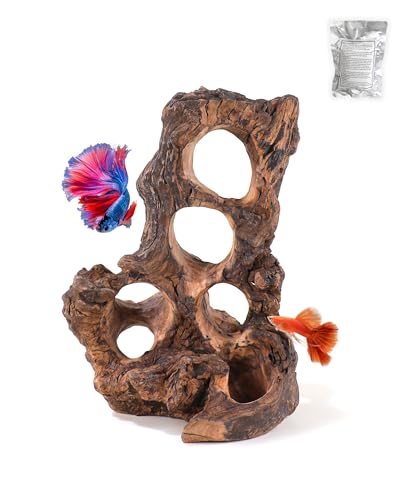 Aquarium Driftwood Fish Cave for Betta Fish Shrimp Hideout,10-12" Natural Porous Driftwood for Aquascaping with Low Tannins,Reptiles Shelter Fish Tank Decoration with Protein Cotton(No need to boil)