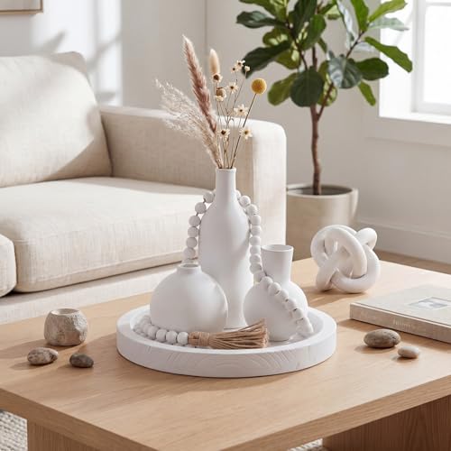 6 Pieces Ceramic Vase Set for Table Centerpieces Decor Include Wood Chain Link Bead Garland Boho Rustic Serving Tray for Home Table Living Room Dining Decoration(White) - color: White