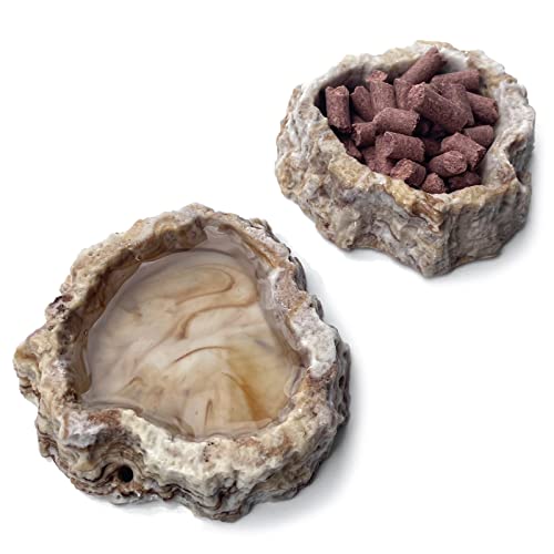 2 Pack Reptile Food Bowls - Reptile Water and Food Bowls with Tongs Imitating Natural Rock，Breadworm Feeding for Leopard Gecko Lizard Spider Scorpion Chameleon (2 Pcs Light Color) - color: 2 Pcs light color