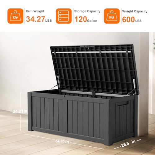 PatioZen 120 Gallon Resin Deck Box, Lockable Patio Outdoor Storage Box for Furniture, Garden Tools and Tools Storage, Waterproof Outside Storage Boxes - Black - color: Black, size: 120 Gallon