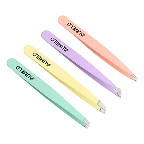 Tweezers Set 4-Piece Professional Stainless Steel Tweezers with Leather Travel Case by AUMELO - Precision Eyebrow and Splinter Ingrown Hair Removal Tweezer - MultiColor - color: Multicolor
