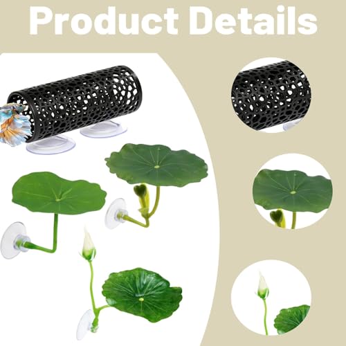 4 Pcs Betta Hammock, Betta Fish Tank Accessories, Betta Fish Hammock with Lotus Decor, Aquarium Decor Set for Betta Fish, Small and Shrimp, Includes Black Tunnel and 3 Lotus Decorations for Play