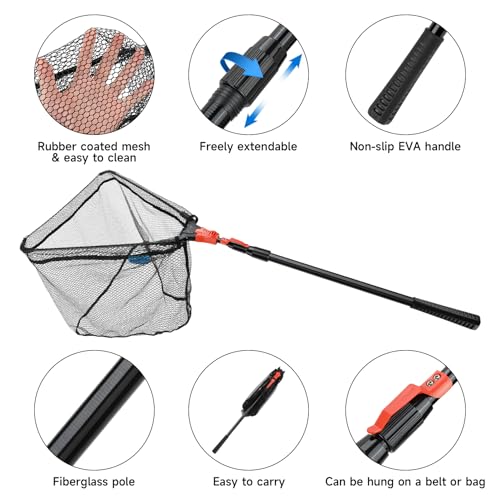 SAN LIKE Fishing Net Fish Landing Net Collapsible Fish Net with Anti-Slip Telescoping Rubber Pole Handle for Kids Adults in Saltwater Freshwater Multi-Size Extending to 37/42/43/51/69/71/89/98inch - color: Orange Fiberglass Pole,Length 53.14" to 98.42"