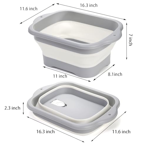 Nicunom 2 Pack Collapsible Wash Basin, 11L Large Collapsible Dish Tub with Drain Plug 3 Gallons Portable Sink Dish Basin Foldable Dishpan Space Saving for RV, Camping Dish Washing Tub
