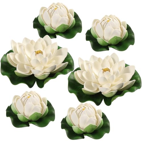 SEWACC Lotus Floating Flower Aquarium Lily Pad 6pcs Artificial Lotus with Water Lily Pad Floating Fake Pond Ornanment for Garden Pond Pool Decoration White