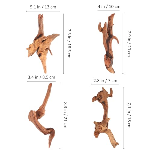 4pcs Driftwood for Fish Tank Aquarium Decor, Natural Driftwood Branches 15-20cm for Freshwater Aquascaping and Reptile Habitat Accessories