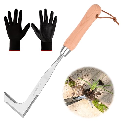 BokingOne 3-Sided Crevice Weeder - 12.6" Stainless Steel Garden Weeding Tool with Beech Handle, L-Shaped Crevice Weeder Sickle for Garden Lawn, Yard Patio Terrace, Paving Gaps - color: 3-Sided silvery
