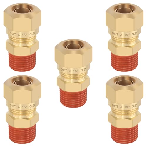 5PCS D.O.T Brass Compression Straight Union Fittings, 1/2" Tube OD x 3/8" NPT Thread Air Compression Union Nylon Tubing for Truck Airlines and Industrials - size: 1/2" OD x 3/8" NPT, style: Straight Male NPT Thread-5PCS