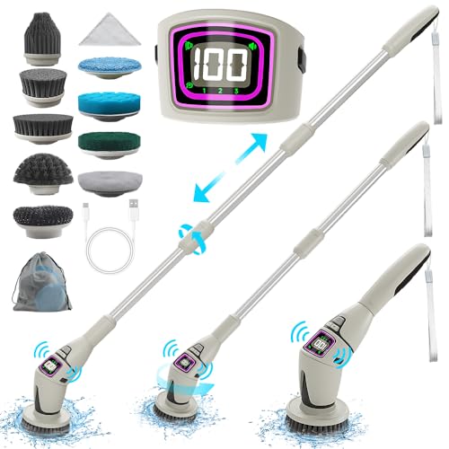 10-in-1 Electric Spin Scrubber for Cleaning, Voice Broadcast Rechargeable Power Scrubber, Aquarium Cleaner, Cordless Shower Cleaner Brush for Tile/Bathtub/Floor/Shoes/Car-Light Gray