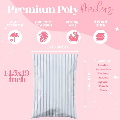 Pretty Package Store 14.5x19 Designer Poly Mailer 100 Pack Heavy Duty Waterproof Self Seal Shipping Bags for Small Business Large Mailing Envelopes Bulk Tear Resistant Packaging Blue Stripe - color: Blue Stripes, size: 14.5x19